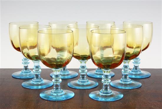 A set of nine Cristallerie de Portieux George Sand amber and turquoise wine glasses, 14cm (5.5in.)